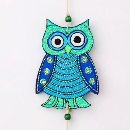 Handmade Wooden Green and Blue Owl Wall Hanging for Home Decor